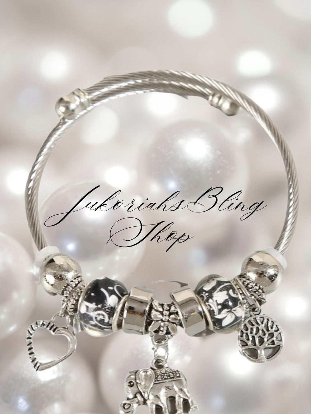 Silver Elephant Charm Bangle Bracelet with Black & Silver Beads